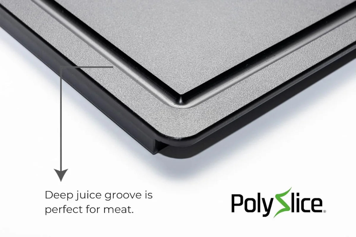 Deep juice groove detail on Black professional prep board