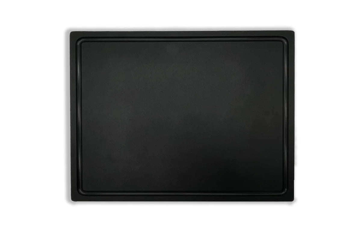 Black professional HDPE BBQ cutting board with juice groove top view