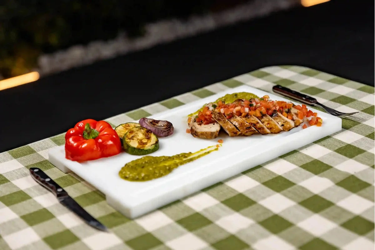 Top view of grilled chicken on a White PolySlice BBQ Serving Plate