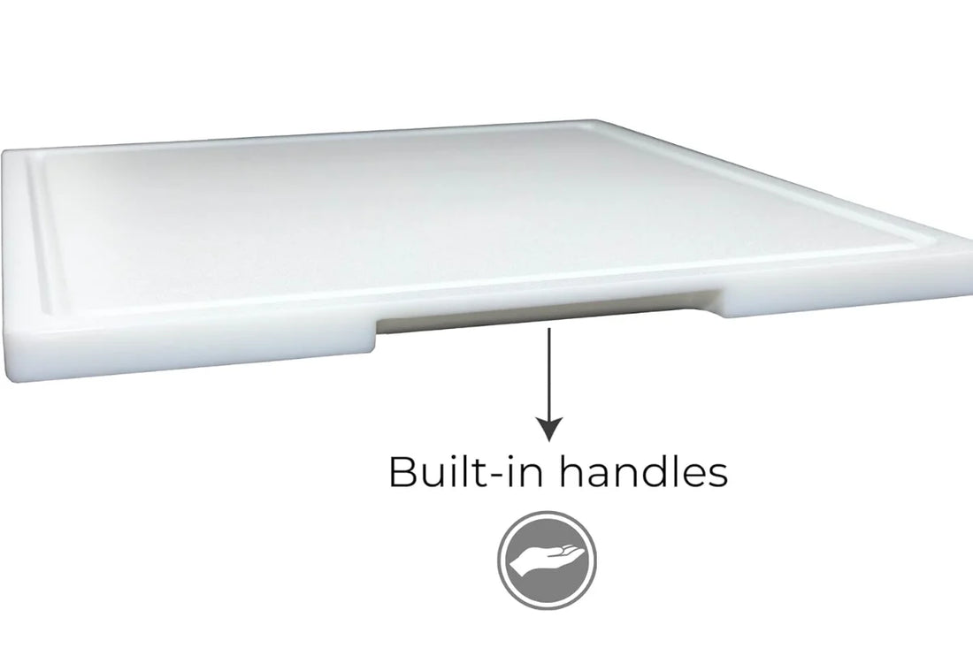 White cutting board with built-in side handles for easy grip