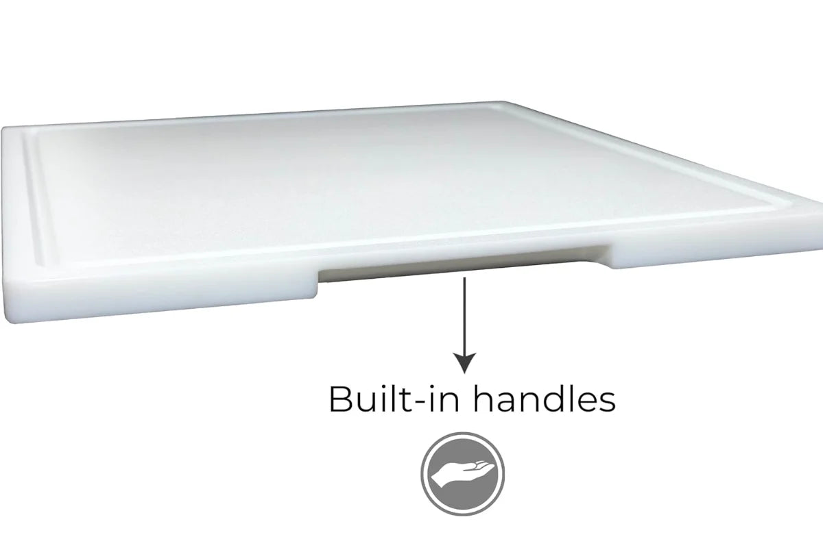 White cutting board with built-in side handles for easy grip