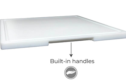 White cutting board with built-in side handles for easy grip